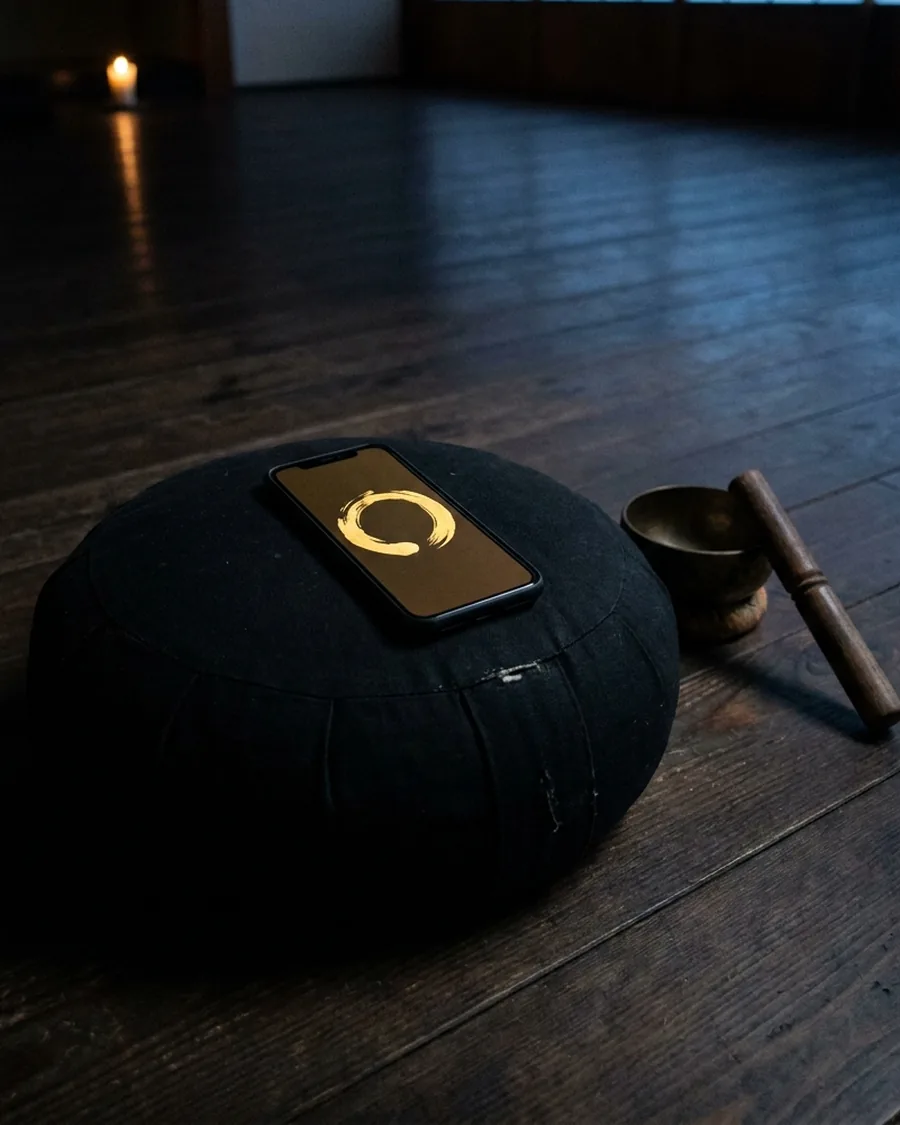 A phone resting on a black meditation cushion in a dark zendo before dawn, its screen showing a gold ensō, a bronze bowl-bell beside it