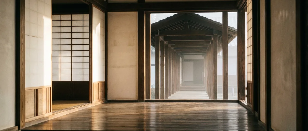 The corridor of an old Zen temple at first light, one identical doorway behind another receding into mist