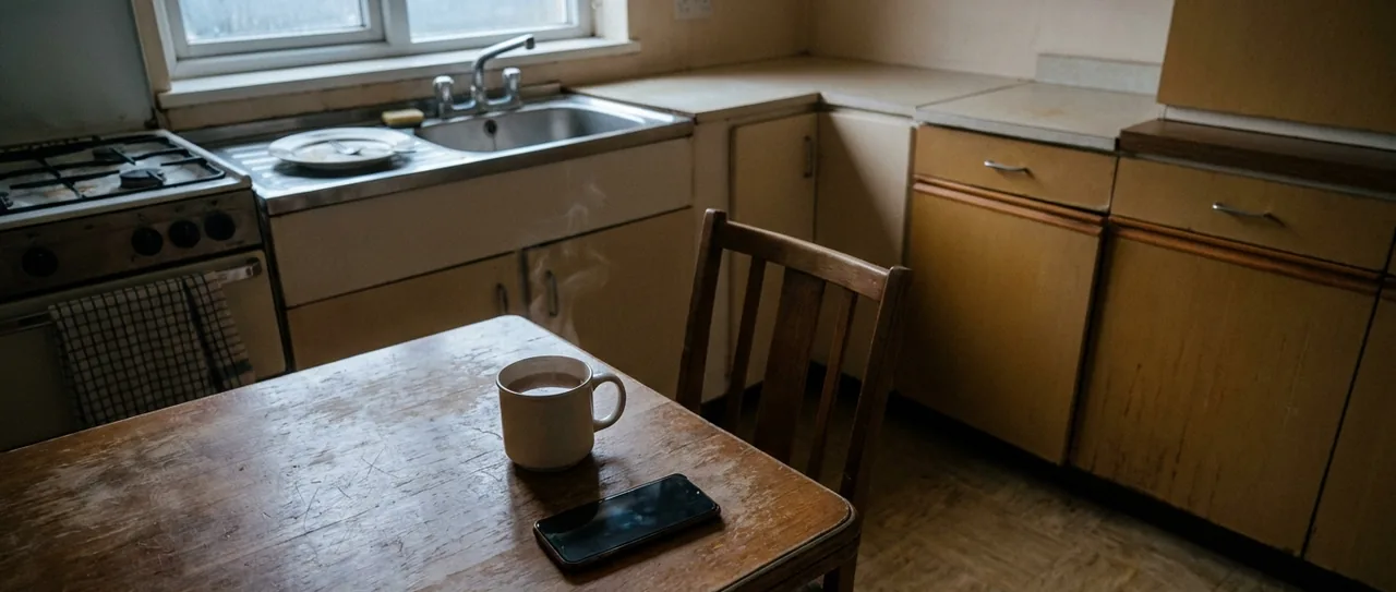 A small kitchen at six in the morning: a mug of tea on a worn table, a phone lying face-down beside it