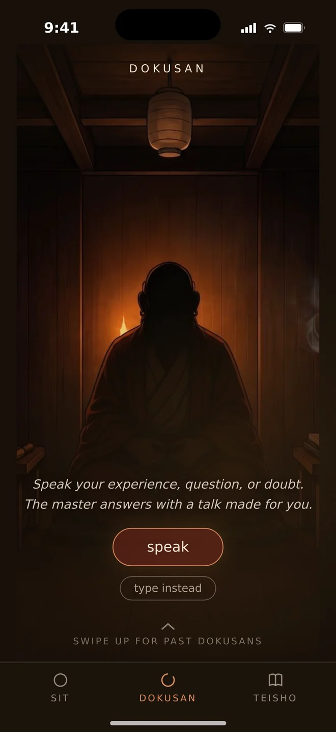 The dokusan room, a lantern lit above the seated master: speak your experience, question or doubt, and the master answers with a talk made for you