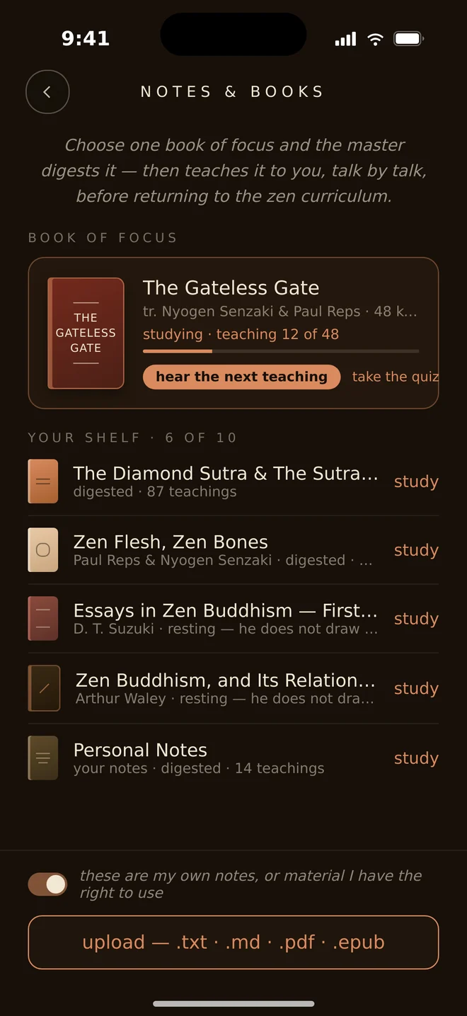 Notes and books: a shelf of six titles with The Gateless Gate set as the book of focus