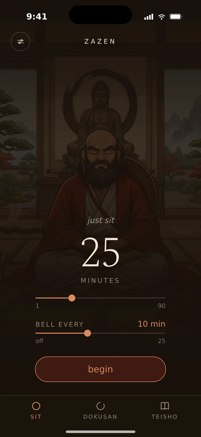 The zazen screen: twenty-five minutes and a ten-minute interval bell, the master seated in the temple room behind the timer