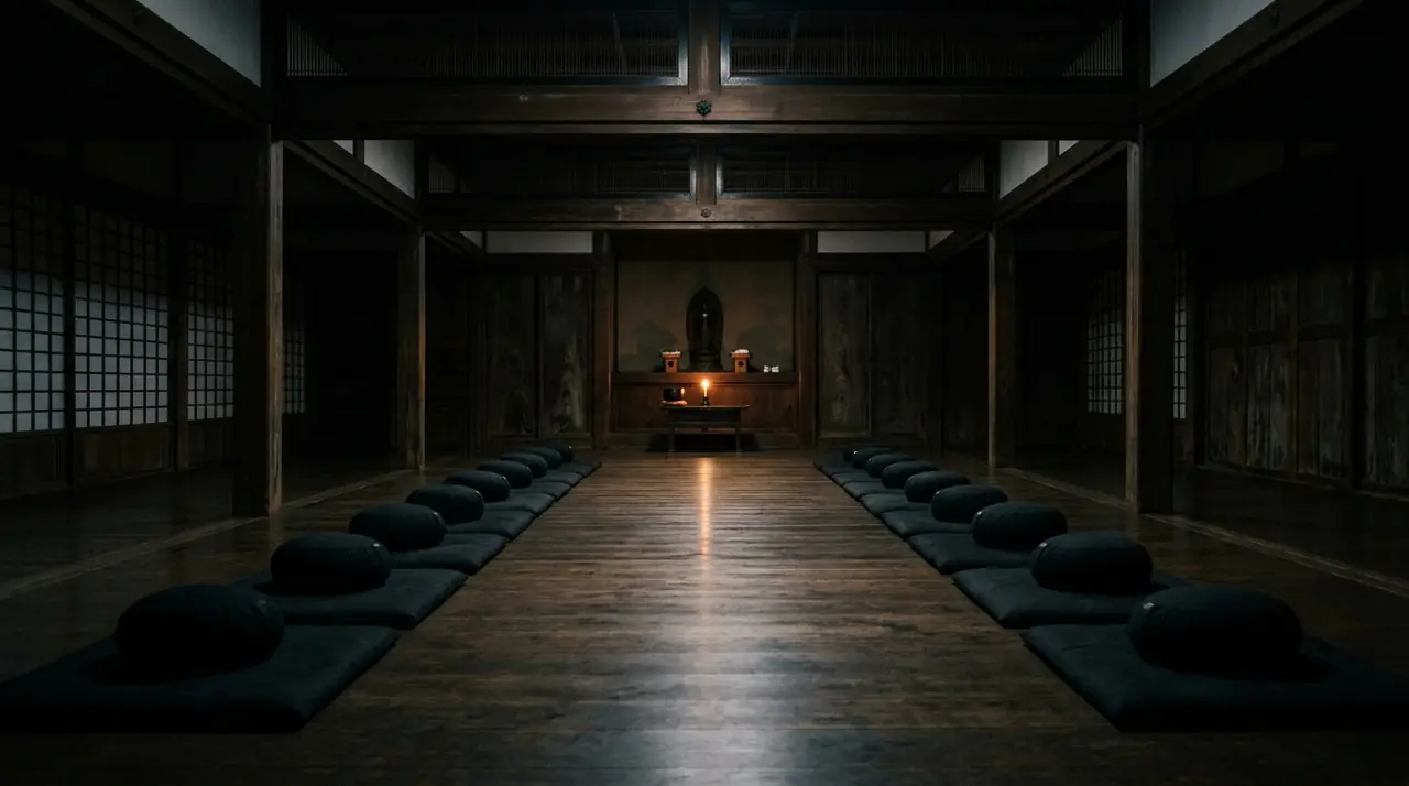 An empty zendo before dawn, rows of cushions and a single distant candle
